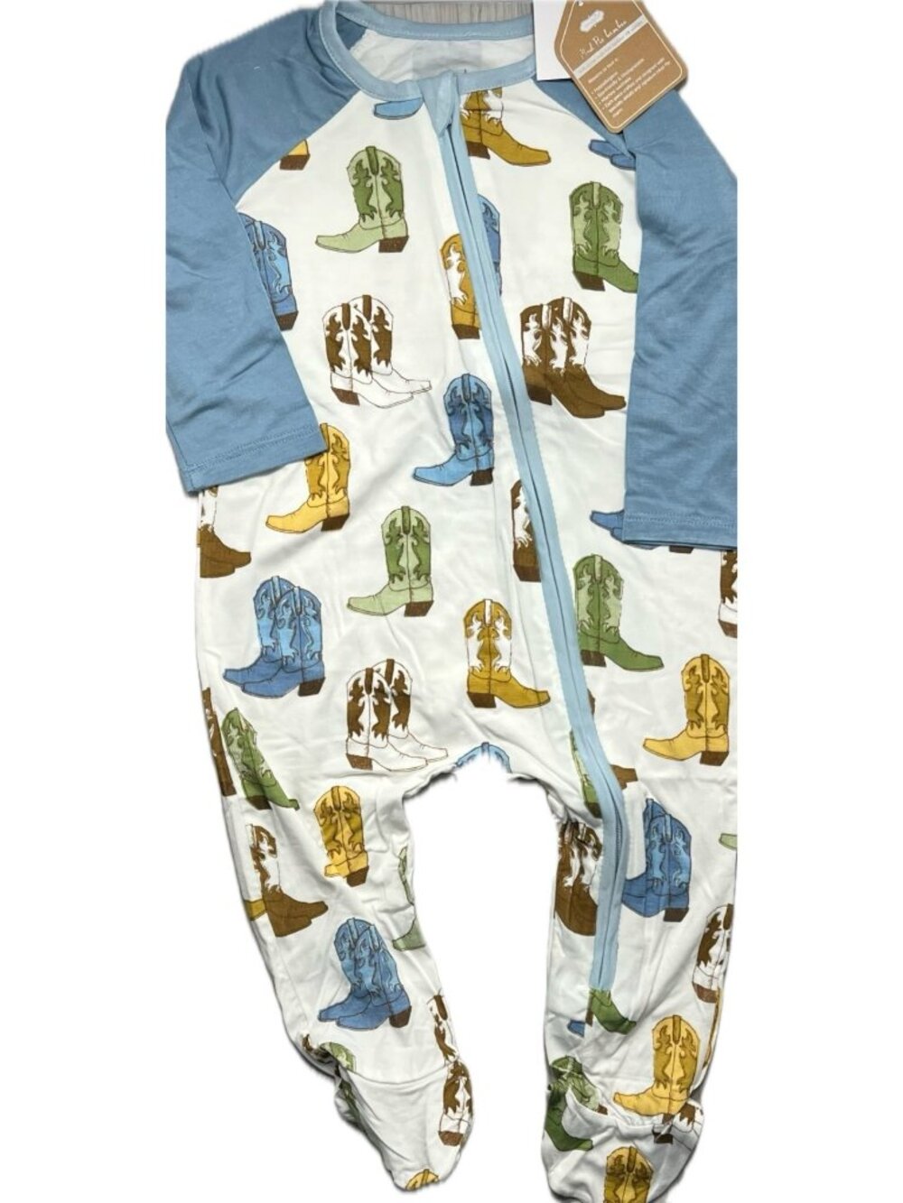 Mud Pie bamboo footed sleeper cowboy boots footie 6m 9m NWT blue brown Western